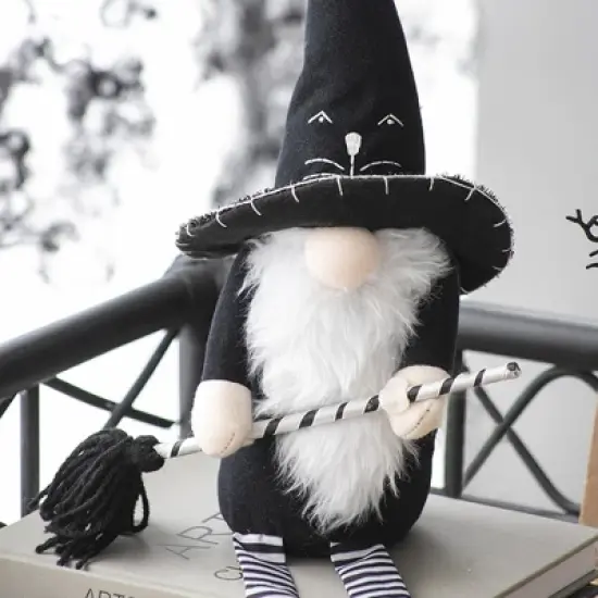 Whisen Fabric Sitting Gnome, Broomstick & Long Legs, Halloween Decoration - Black & White image {2}