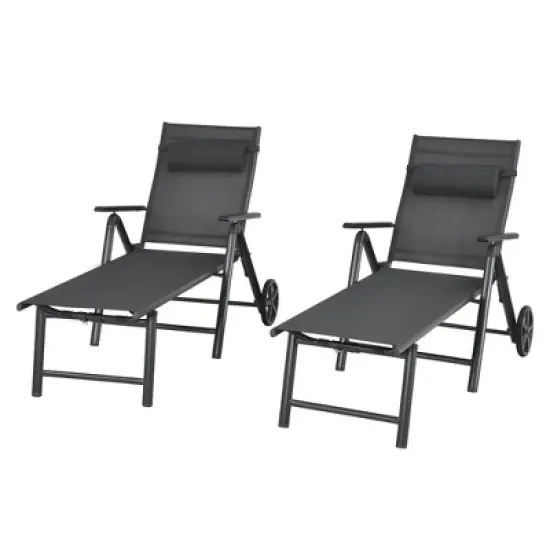 Costway  2PCS Patio Lounge Chair W/ Wheels Neck Pillow Aluminum Frame Adjustable image {3}