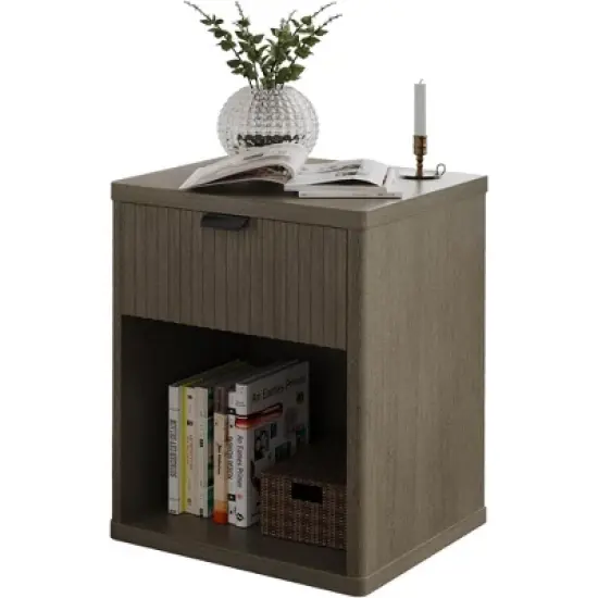 Vipbear Night Stand Scandinavian Nightstand with Fluted Drawer Storage End Table Modern Mid Century Wood Bedside Table for Bedroom Office-Gray/Brown image {8}