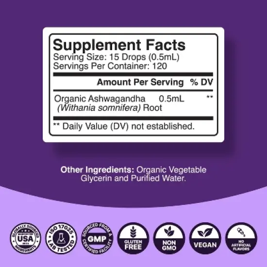 Organic Ashwagandha Liquid Drops for Adults, Potent Liquid Ashwagandha Root Extract for Energy and Mood Support, Phytoral, 120 servings image {2}