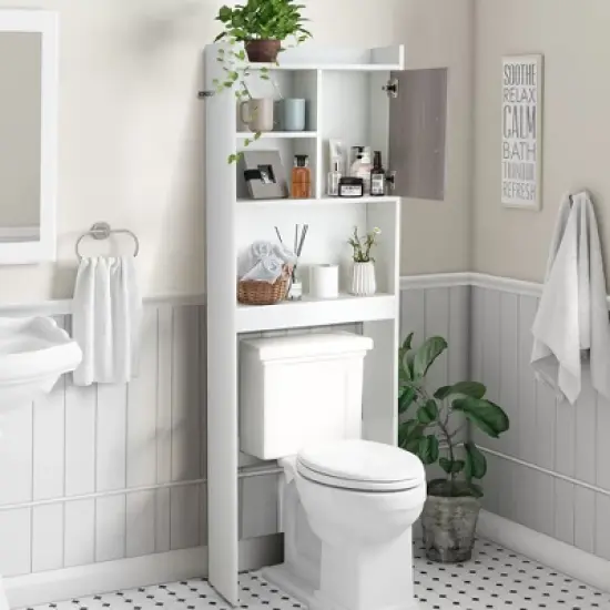 Costway Over The Toilet Storage Cabinet Bathroom Space Saver w/ Open Shelves & Door image {2}
