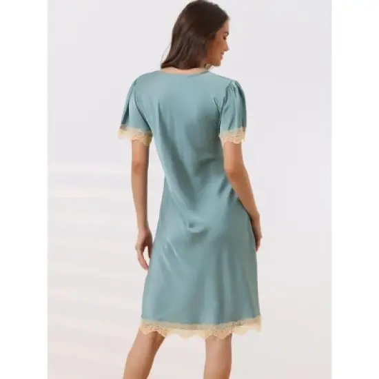 cheibear Womens Satin Lace Trim V-Neck Lingerie Short Sleeves Silky Nightgowns image {2}