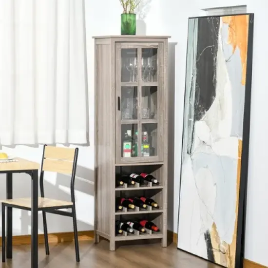 HOMCOM Tall Wine Cabinet, Bar Display Cupboard with 12-Bottle Wine Rack, Glass Door and 3 Storage Compartment for Living Room, Home Bar, Dining Room image {1}