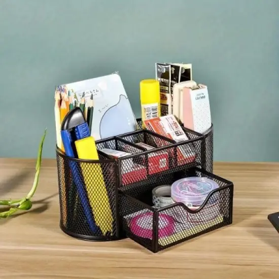 Aghana Digitals 8-Compartment Metal Mesh Desk Organizer with Drawer - Black Stationery Holder image {2}