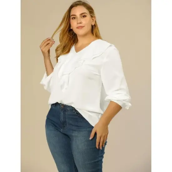 Agnes Orinda Women's Plus Size Work Fashion V Neck Chiffon Ruffle Top image {1}