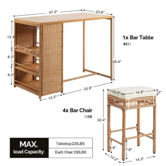 Patio 5-Piece Wicker Serving Bar Set with Cushions image {2}