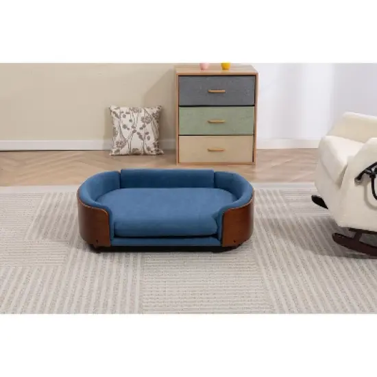 Scandinavian style Elevated Dog Bed Pet Sofa With Solid Wood legs and Walnut Bent Wood Back, Velvet Cushion,Large Size image {2}