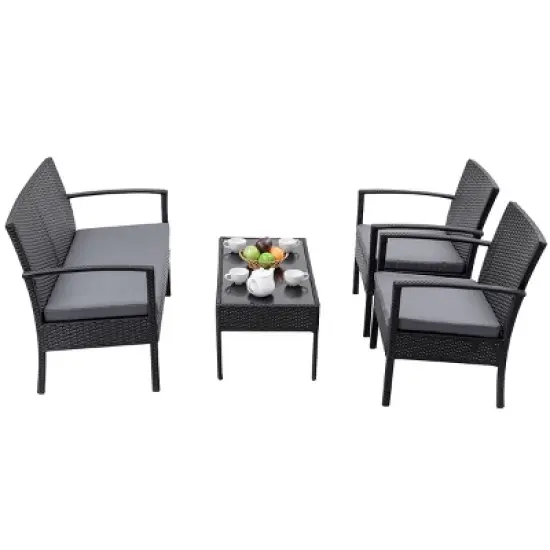 Tangkula 4 PCS Rattan Wicker Furniture Set Loveseat Sofa Cushioned Patio Outdoor Black image {2}