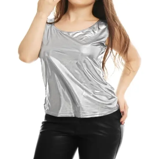 Allegra K Women's U Neck Stretchy Slim Fit Shiny Sparkly Metallic Tank Top image {16}