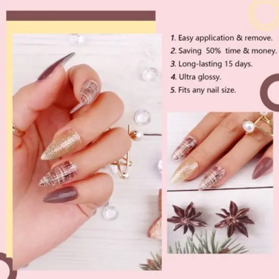 Saviland Women's 20PCS 10 Sizes Semi-Cured Gel Nail Strips Kit - Pink Gold Glitter Design with Tools. image {1}