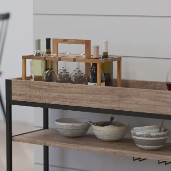 Merrick Lane Rolling Kitchen Serving and Bar Cart with Shelves and Wine Glass Holders in Distressed Light Oak Wood and Black Iron image {5}
