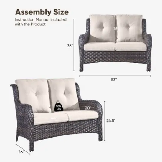 Buenhomino Outdoor Patio Couch Wicker Sofa Loveseat- 2 Seater Rattan Sofa for Outside Patio Garden with Deep Seating and Olefin Cushions image {3}