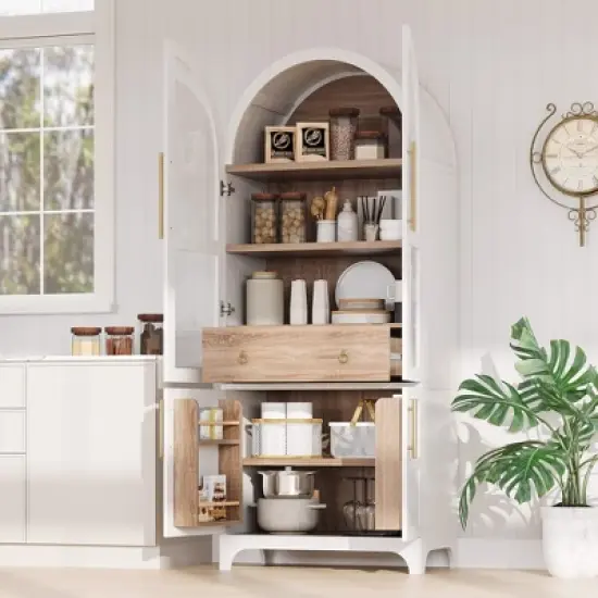 ORRD 71" Arched Farmhouse Pantry Cabinet - Adjustable Shelves, Hidden Drawer & Glass Door, White Kitchen Storage Cupboard image {2}