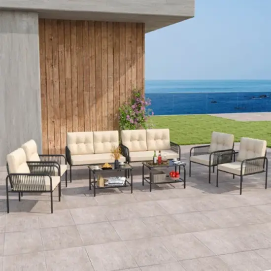 Costway 8 PCS Patio Furniture Set with Loveseat Tempered Glass Coffee Table & Soft Cushions image {3}