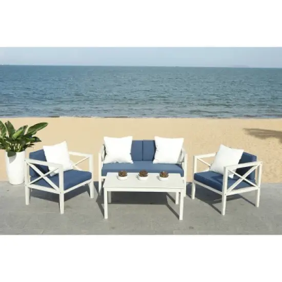 Nunzio 4pc Outdoor Set With Accent Pillows - White/Navy - Safavieh image {1}