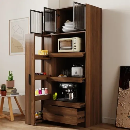Lycvki 70.87" Tall Kitchen Pantry Cabinet with Pull-out Multi-tier Storage Shelf and Drawers image {11}