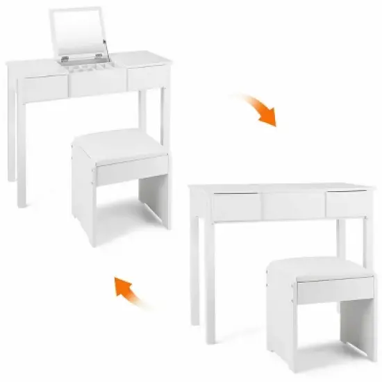 Costway White Vanity Dressing Table Furniture Stool Storage Box image {4}