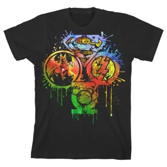 Justice League Paint Splatter Logos Black T-shirt Toddler Boy to Youth Boy image {1}