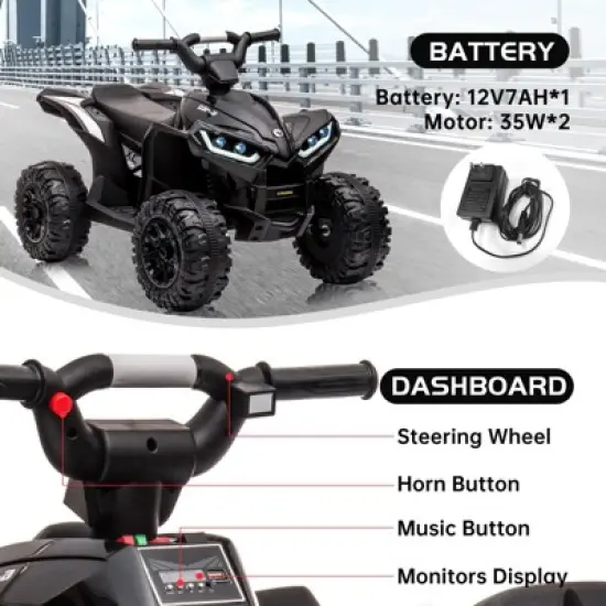 12V Ride On ATV for Kids Electric Four Wheeler for Toddlers Ages 3-8, Battery Powered Quad with Remote Control, LED Lights, Music, High/Low Speed, USB image {2}