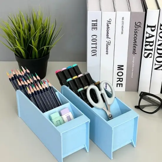 Wrapables Pen Organizer with 4 Compartments Desk Storage Organizer for Home, Office, Work, Large (2pcs) / Blue image {4}