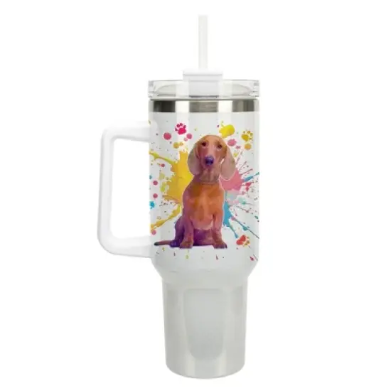 100 North 40 Ounce Stainless Steel Double Wall Insulated Glitter Travel Tumbler With Handle, Straw, and Lid, Dachshund Dog White image {5}