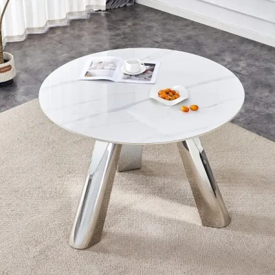 INFURNIC Patio End Tables, Modern Round Dining Table, Round White Dining Table for 4 for Small Space, Apartment, Studio,  White, 42"*42"*29.5 image {1}