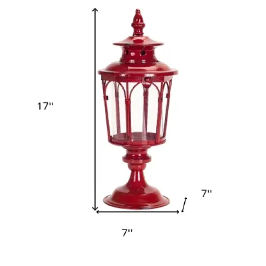 HomeRoots Set of Two Red Distressed Ornate Glass And Metal Tabletop Lantern Candle Holders image {2}