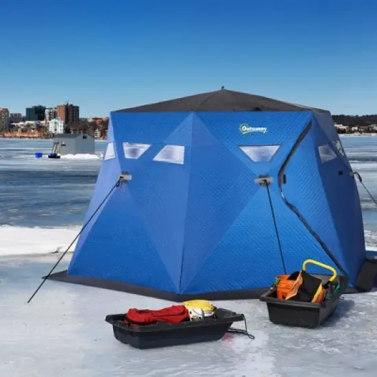 Outsunny 4 Person Insulated Ice Fishing Shelter 360-Degree View, Pop-Up Portable Ice Fishing Tent with Carry Bag, Two Doors and Anchors, Dark Blue image {1}