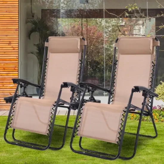 Costway 2PCS Zero Gravity Chairs Lounge Patio Folding Recliner Beige W/Cup Holder image {2}
