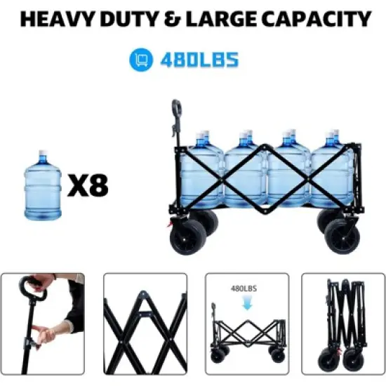 RISOKEYS Foldable Utility Wagon with Extended Tailgate & Lid, 400 lbs Capacity - All-Terrain Wheels,for Camping,Beach,Shopping,Outdoor image {4}