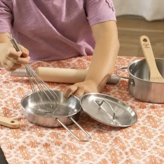 HearthSong Jr. Chef's 7-Piece Metal and Wood Kitchen Cooking Set for Kids' Pretend Play or Real Cooking image {1}
