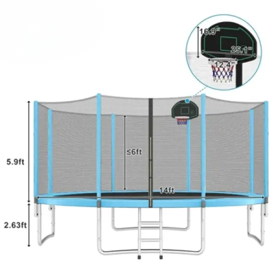 DSVIMOY 14FT Trampoline for Kids with Safety Enclosure Net, Basketball Hoop and Ladder, Round Outdoor Recreational Trampoline, Blue, 168"*168"*105" image {2}