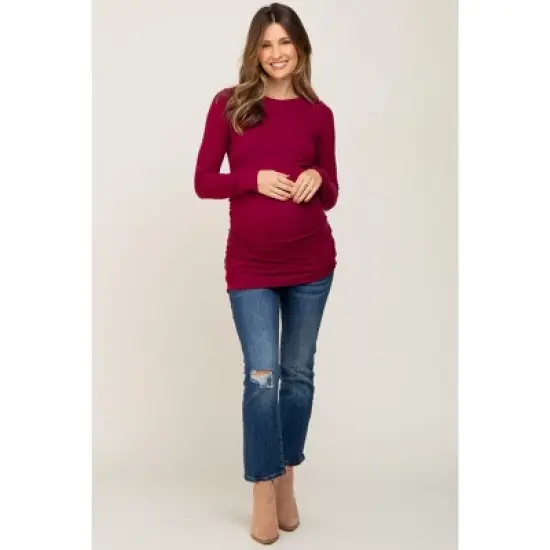 PinkBlush Burgundy Soft Knit Ruched Maternity Top image {3}