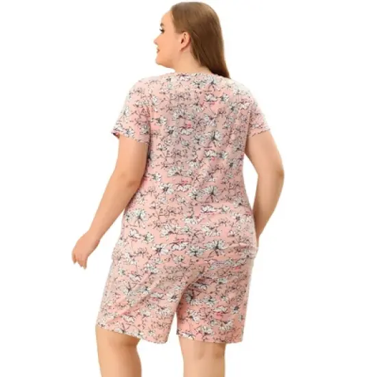 Agnes Orinda Womens Plus Size Loungewear Floral Elastic Waist Short Sleeve Pajamas Set image {3}