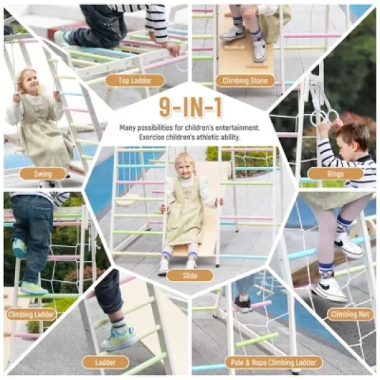 Sandinrayli Indoor Jungle Gym, 9-in-1 Children Playground, Climber Playset for Kids Ages 3-8 with Slide, Monkey Bars, Swing, Hand Rings image {5}