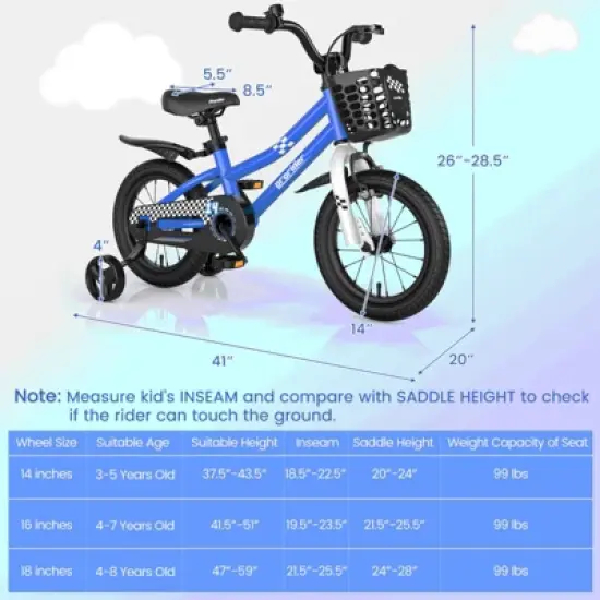 Prorider 14'' /16''/18" Kid's Bike with Removable Training Wheels & Basket for 3-5 Years Old Blue/White/Skyblue/Red image {2}