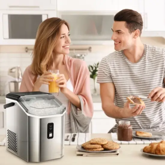 R.W.FLAME Nugget Ice Maker Countertop, Portable Ice Maker Machine with Handle, Self-Cleaning, with Ice Scoop and Basket, Stainless Steel Silver image {5}