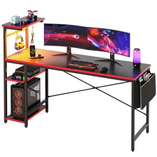 Bestier Reversible 63 inch Gaming Desk, LED Computer Desk with  Storage Bag & 4 Tier Shelves, Black image {8}