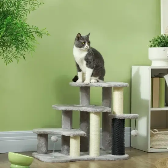 PawHut 20" Cat Tree, 2 in 1 Cat Tower 3-Step Pet Stairs with Scratching Posts, Tickling Post, Toy Balls, for High Beds, Couch, Sofa, Light Gray image {1}