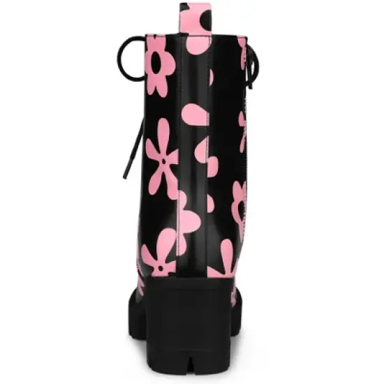 Allegra K Women's Printed Platform Round Toe Lace up Block Heel Combat Boots image {3}