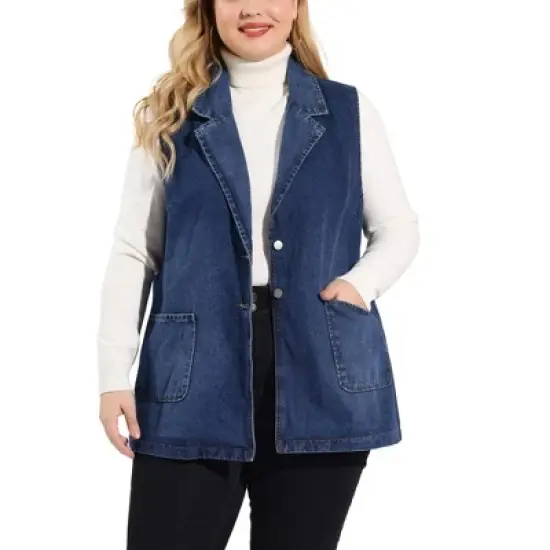 Agnes Orinda Women's Plus Size Denim Relax Notched Lapel Jacket Vest image {7}