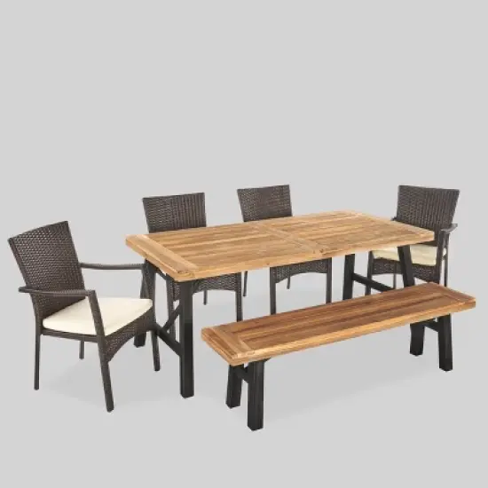 Horton 6pc Acacia Wood/Wicker Patio Dining Set - Brown/Cream - Christopher Knight Home image {1}