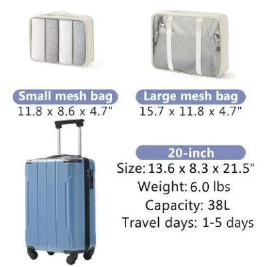 Luupatchy 20 Inches Hardshell Carry-On Luggage,With 2 Packing Cubes, Blue image {4}