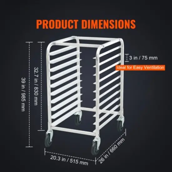 VEVOR Bun Pan Rack, 10-Tier Commercial Bakery Racks with Brake Wheels, Aluminum Racking Trolley Storage for Half & Full Sheet, 26"L x 20.3"W x 39"H image {2}