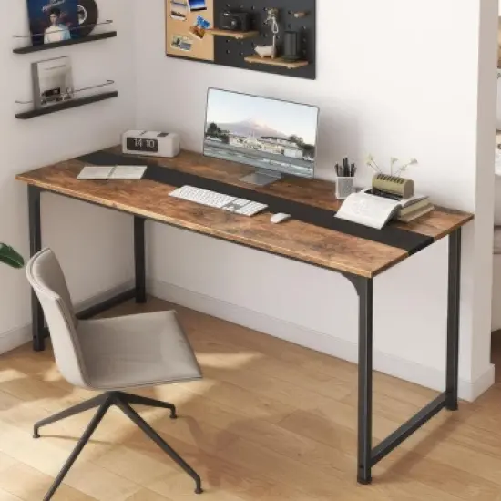 GlasFlength Desks Metal Frame Rustic Computer Desk Gaming Desk Home Office Desk Simple Design for Small Spaces, Brown, 70.87"*31.5"*29.13" image {3}