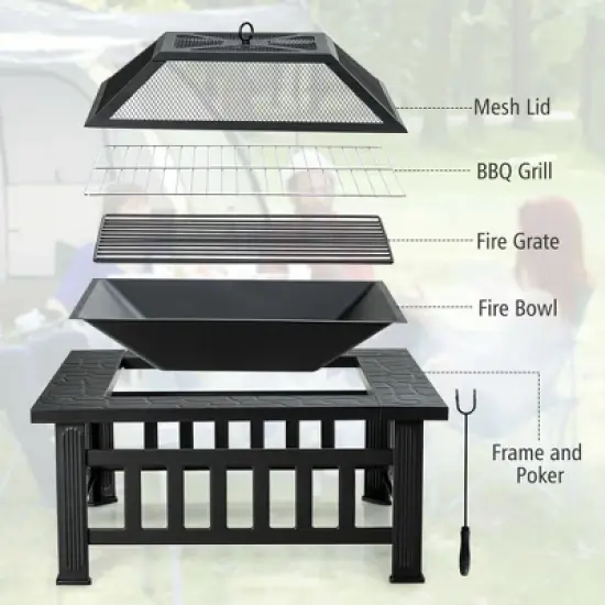 Costway 32'' 3 in 1 Outdoor Square Fire Pit Table W/ BBQ Grill, Rain Cover for Camping image {6}