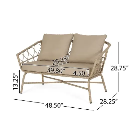 GDFStudio Colmar Outdoor Wicker Loveseat with Cushions, Light Brown/Beige image {2}