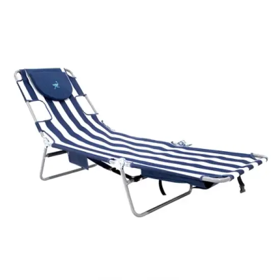 Ostrich Backpack Chaise Folding Lounge Chair w/4 Adjustable Position, Carrying Straps, Side Pocket and Storage Bag, Navy Stripe (2 Pack) image {1}
