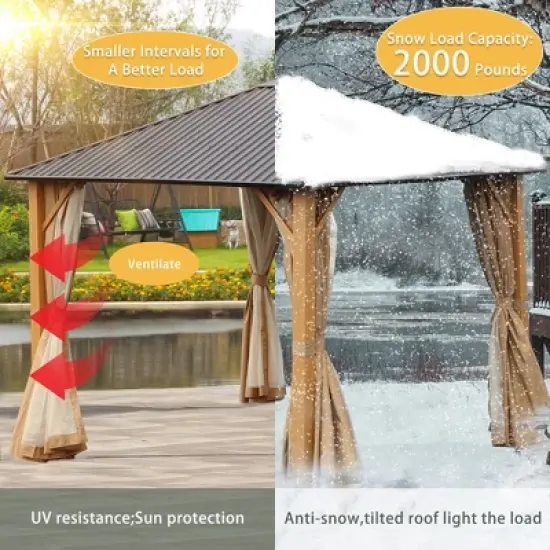 Aoodor Wood Grain Aluminum Gazebo Hardtop Black Steel Roof with Curtain&Netting image {3}