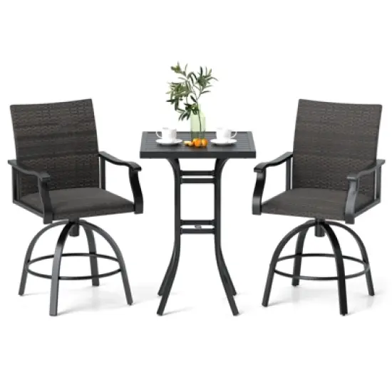 Tangkula 3 PCS PE Wicker Patio Swivel Bar Set Table & Chairs w/ Quick-Drying Foam image {10}